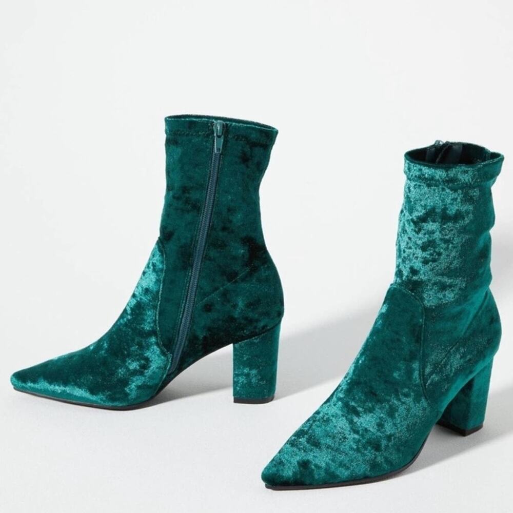 Anthro Silent D Nider Ankle Bootie Crushed Velvet Side Zipper Green EU 37